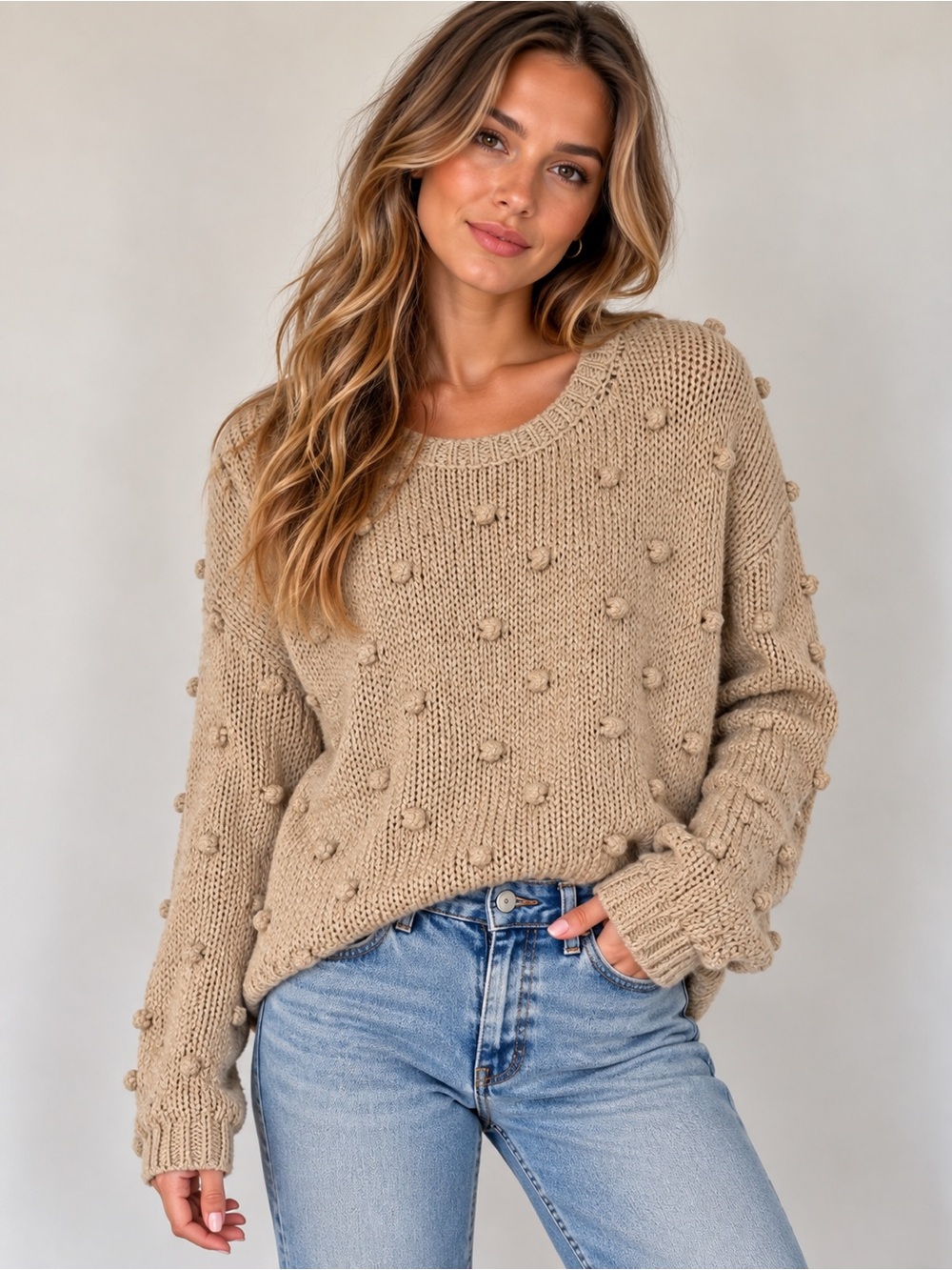 Zara Tan Chunky Knit Sweater with Embroidered Detail L